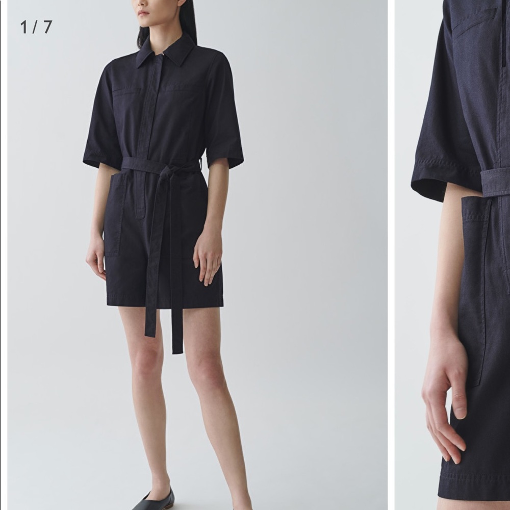 COS Navy Short Sleeve Belted Shirt Romper